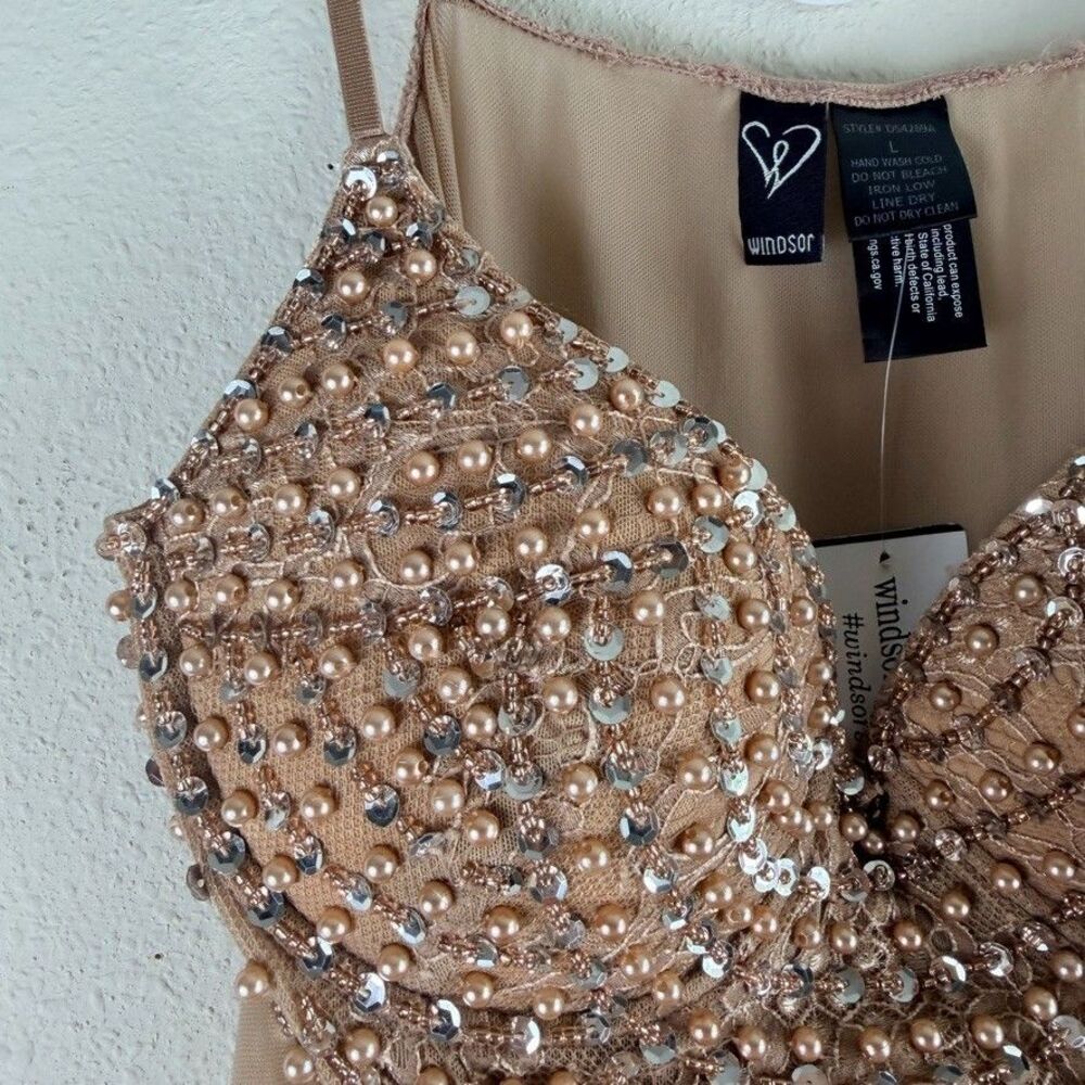 New Windsor Large Beige Sequin Beaded Mesh One Piece Bodysuit Party Festival - Picture 4 of 9